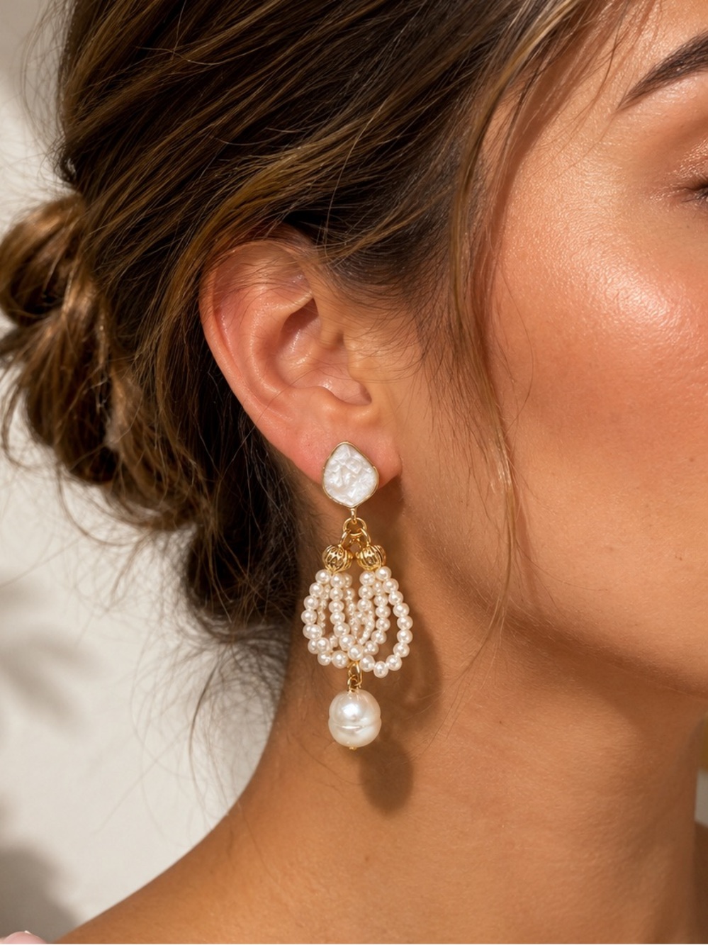 Gold and white Pearl Loop Drop Earrings